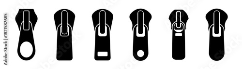 Vector zipper fastener element. Zip vector.  Various black zipper puller icons