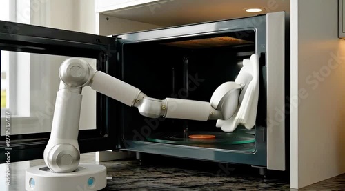 Robotic Arm Cleaning Inside Microwave Oven in Modern Kitchen, Showcasing Smart Home Automation and Future Technology.