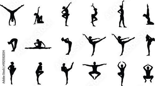 Black silhouettes of female athletes and dancers performing graceful gymnastics, yoga poses, and ballet movements isolated on a white background