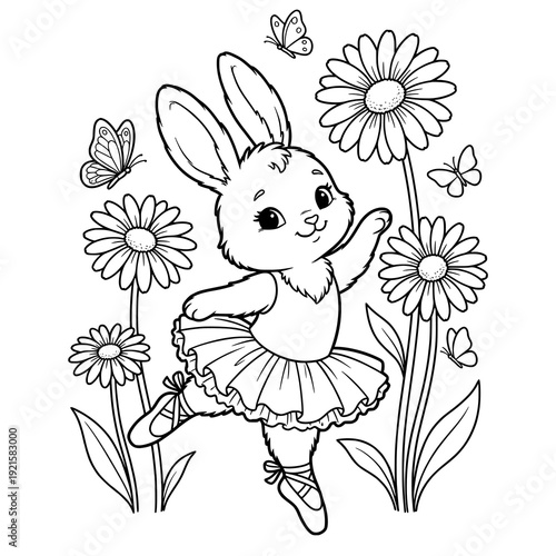 Cute bunny wearing a tutu dancing in a flower field, adorable rabbit ballerina, black and white coloring page for kids, spring dance illustration.
