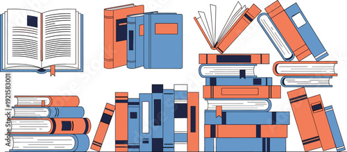 Stack of Books and Open Book Collection Illustration, Education Learning Concept for Library, School Design, Academic Materials, and Reading Resources Graphics