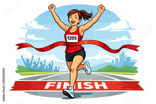 Female runner crossing finish line with raised arms, marathon victory and achievement concept illustration