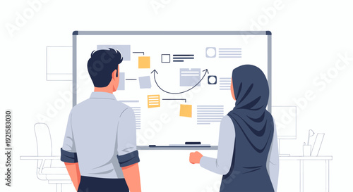 Two colleagues brainstorming with whiteboard.