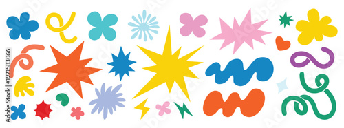 Abstract doodle shape collection. Includes stars, squiggles, flowers, hearts, and lightning bolts in various sizes and orientations. Created in a flat vector style with a bright