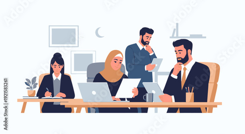 Diverse team collaborating in office setting.