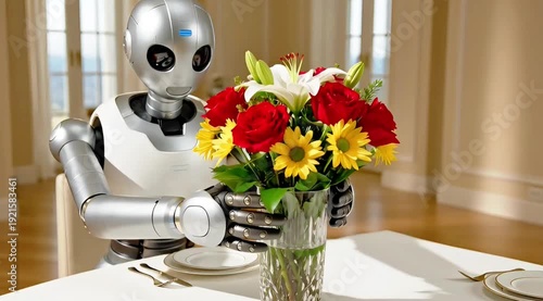 Humanoid Robot Arranging Bouquet of Flowers in Vase on Dining Table