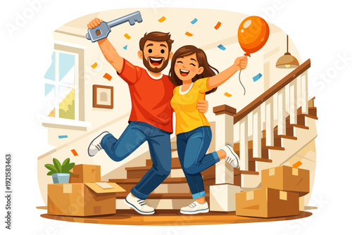 Happy couple celebrating moving into new home with boxes and key, housewarming concept illustration