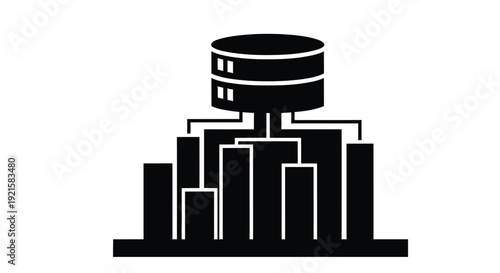 Black and white illustration of a database server building with stacked cylinders