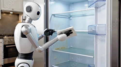 Household robot cleaning the interior of a refrigerator in a modern kitchen
