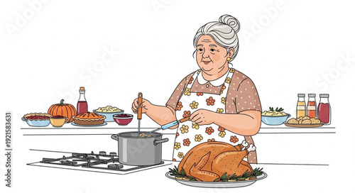 Elderly Woman Preparing Roasted Turkey.