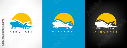Aircraft and sun logo vector. Plane transport design