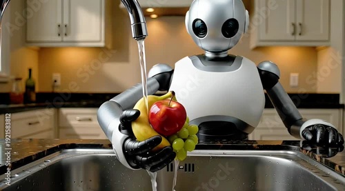 Humanoid Robot Washing Fresh Fruit in a Modern Kitchen Sink Under Running Water