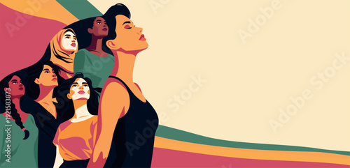 International Women's Day, March 8th. Bright vector banner, a woman with long hair, which depicts portraits of different women looking up. Unity, equality, feminism, diversity, women's empowerment