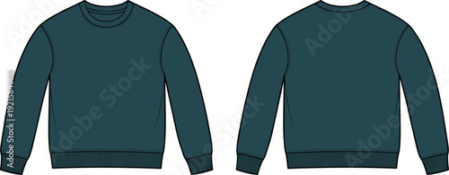 Technical Fashion Illustration of Crewneck Sweatshirt Front and Back View Long Sleeve Pullover Apparel Design Template with Ribbed Cuffs and Hem Details