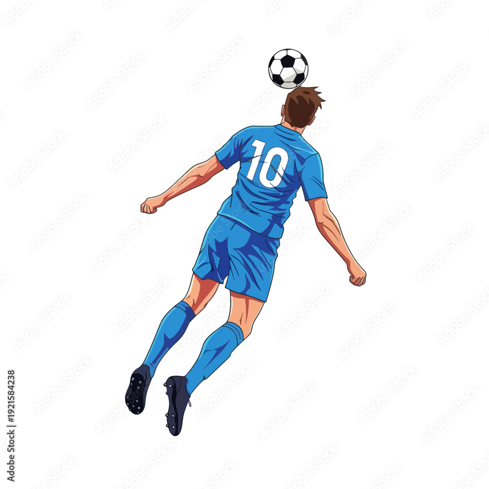 Naklejka premium Focused soccer player skillfully heading the ball during an intense match, demonstrating athleticism and precision