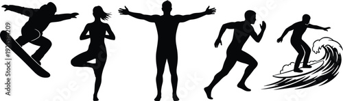 Black silhouettes of diverse athletes practicing extreme sports including surfing, snowboarding, yoga, and running isolated on a clean white background