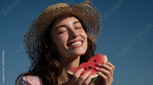 Woman enjoys a fresh watermelon slice on a sunny summer day
