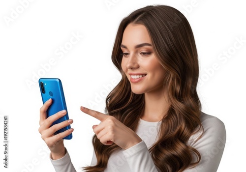 A woman holds a blue smartphone and points to the screen