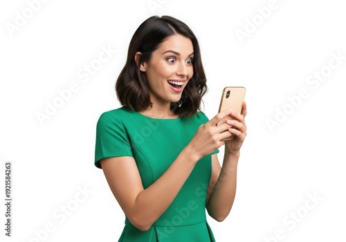 A woman in a green dress is looking at her phone with a surprised expression