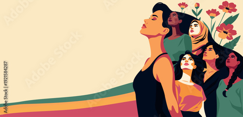 International Women's Day, March 8th. Bright vector banner, a woman with long hair, which depicts portraits of different women looking up. Unity, feminism, diversity, equality, women's empowerment