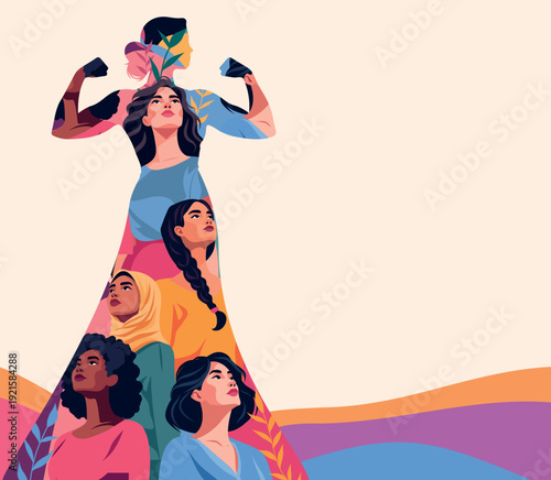 International Women's Day, March 8th. Bright vector banner, portraits of different women united by strength in one silhouette. Unity, equality, feminism, diversity, motivation, empowerment of women