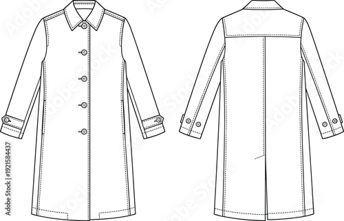Technical Line Art Illustration of Buttoned Long Coat Front and Back View Classic Outerwear Apparel Fashion Design Template with Collar and Cuff Details