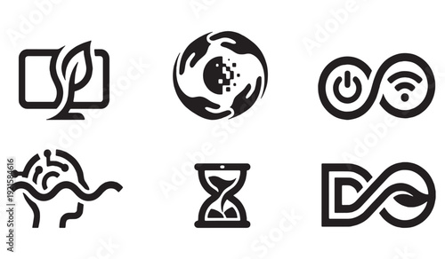 Collection of six modern icons representing technology, nature, and time concepts.