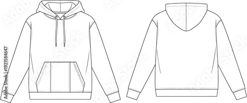 Technical Line Art Illustration of Classic Hoodie Sweatshirt Front and Back View with Kangaroo Pocket and Drawstring Hood for Apparel Design Template