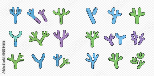 A colorful collection of hand-drawn antibody and immunoglobulin doodle illustrations on a transparent background.