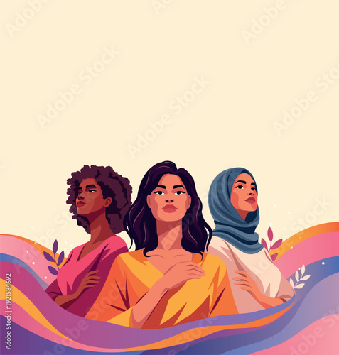 Women's Day, March 8th. Vector banner with a place for text, women of different cultures, nationalities standing together and looking up. Feminism, freedom. Movement for Gender Equality, Empowerment