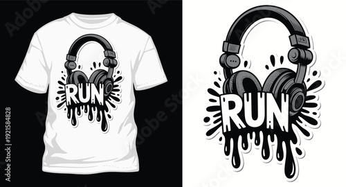 Run music motivation t-shirt design featuring headphones with liquid splash and melting text effect