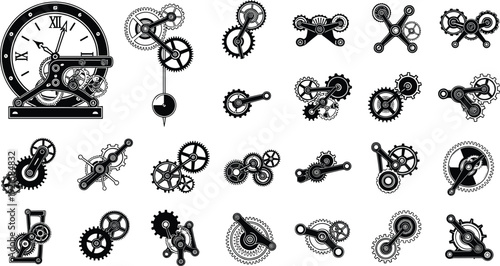 Collection of mechanical gear silhouettes with clock design, engineering illustration, machinery concept, cogs and linkages, industrial technology resource