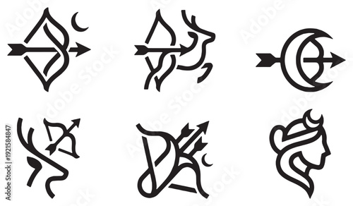 Collection of stylized Sagittarius zodiac sign symbols with arrows, bows, and celestial elements.