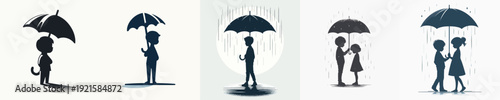 Silhouette Boy Holding Umbrella Vector Illustration