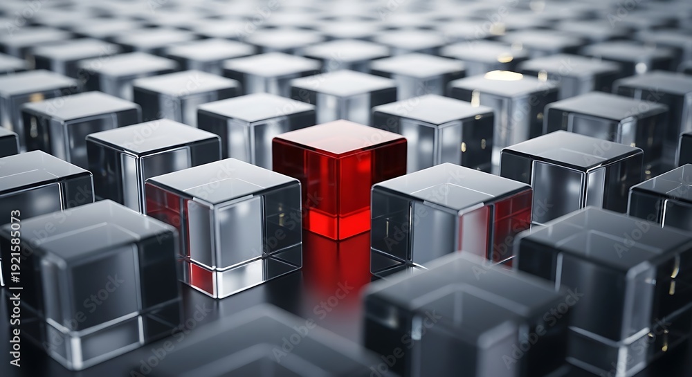 Fototapeta premium Unique red cube standing out among shiny metallic cubes