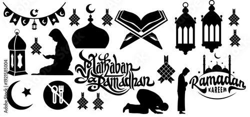 Diverse Collection of Ramadan Kareem and Eid al-Fitr Islamic Holiday Celebration Vector Icons and Silhouettes for Cultural Design Projects