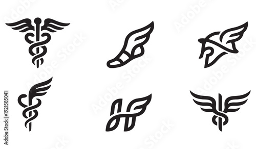 Collection of stylized winged symbols including caduceus, Hermes' sandal, and abstract winged designs.