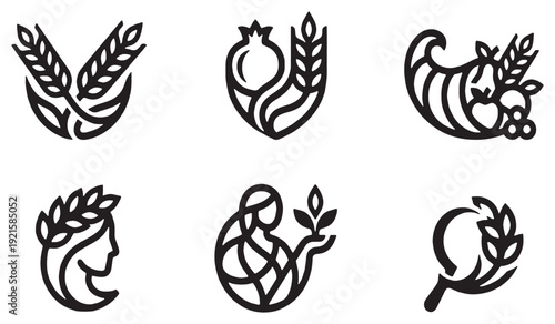 Set of six stylized icons representing harvest, agriculture, and abundance, including wheat, pomegranate, cornucopia, and female figures.