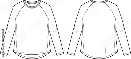 Technical Line Art Illustration of Long Sleeve Raglan T Shirt Front and Back View Casual Apparel Fashion Design Template with Seam Construction Details