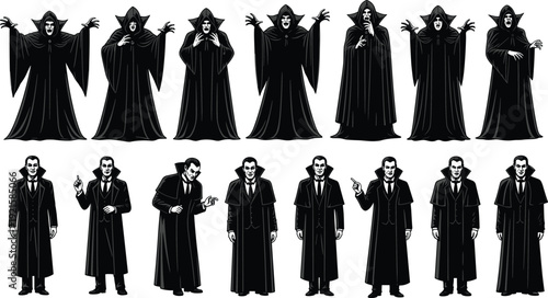 Collection of robed figures silhouettes, sinister cultist characters and neutral human forms, dark fantasy illustration, transformation, duality concept art