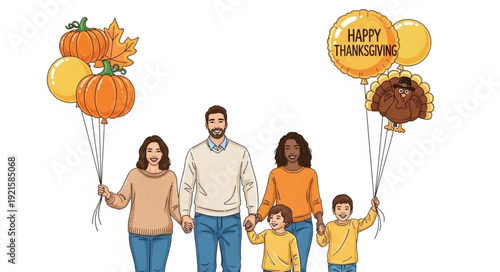 Family Celebrating Thanksgiving with Balloons.