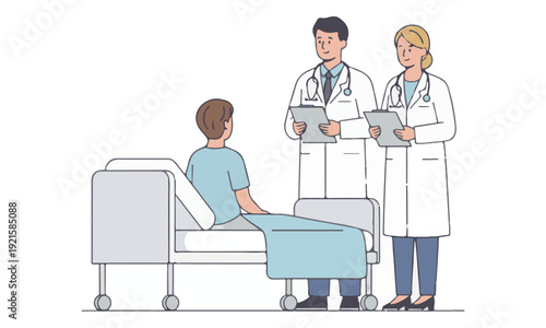 Doctors and patient medical consultation in hospital bed illustration