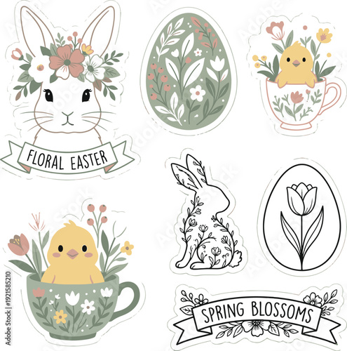 Floral Easter and Spring Blossoms Sticker Set Illustration - Cute Bunny, Chick in Teacup, and Botanical Eggs