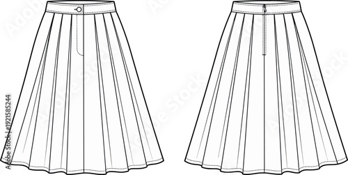 Technical Line Art Illustration of Pleated Skirt Front and Back View Fashion Confirmed Apparel Design Template with Waistband Closure and Sewing Details