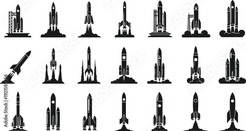 Collection of rocket and space shuttle silhouettes, aerospace vehicle designs, launch icons, space exploration illustration, technology concept, flight symbols