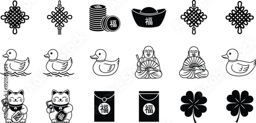 Cultural prosperity icons illustration, lucky symbols design, traditional fortune artwork, East Asian good luck concept, decorative prosperity graphic collection