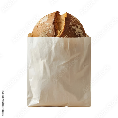 a sourdough bread placed inside a plain white paper bag on transparent background