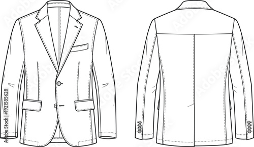 Technical Line Art Illustration of Tailored Blazer Jacket Front and Back View Formal Suit Apparel Fashion Design Template with Lapel Collar and Buttons