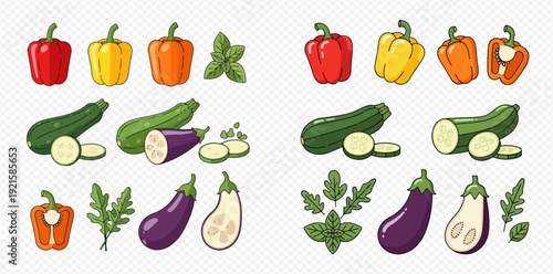 Colorful vector illustration set of fresh vegetables including peppers, zucchini, and eggplants in whole and sliced forms.