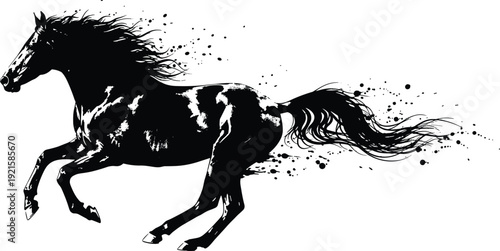 Dynamic horse silhouette galloping with flowing mane, artistic ink splatter design, symbol of speed, freedom, power, motion, energy illustration